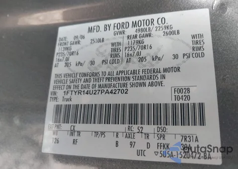 2007 Ford Ranger Sport/Stx/Xl/Xlt из США, поврежденный, VIN 1FTYR14U27PA42702